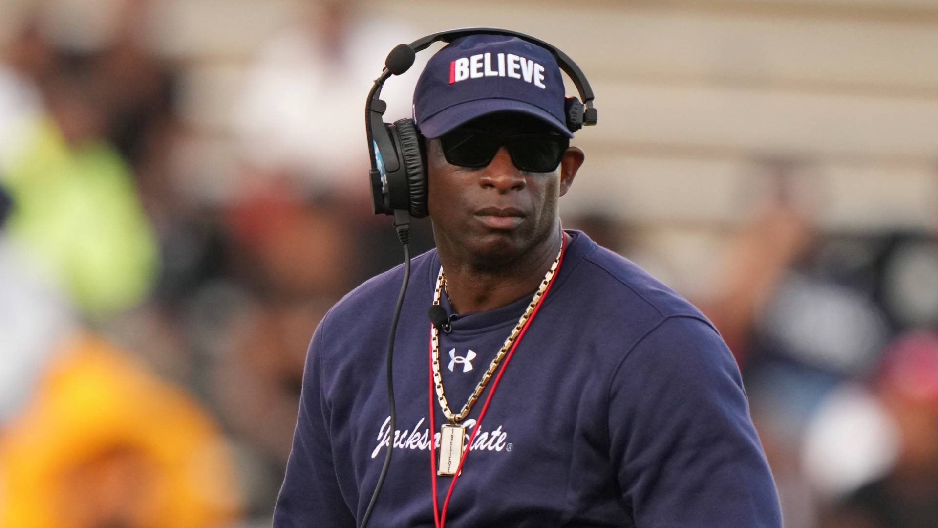 Jackson State head coach Deion Sanders looks on during a spring exhibition game at Mississippi