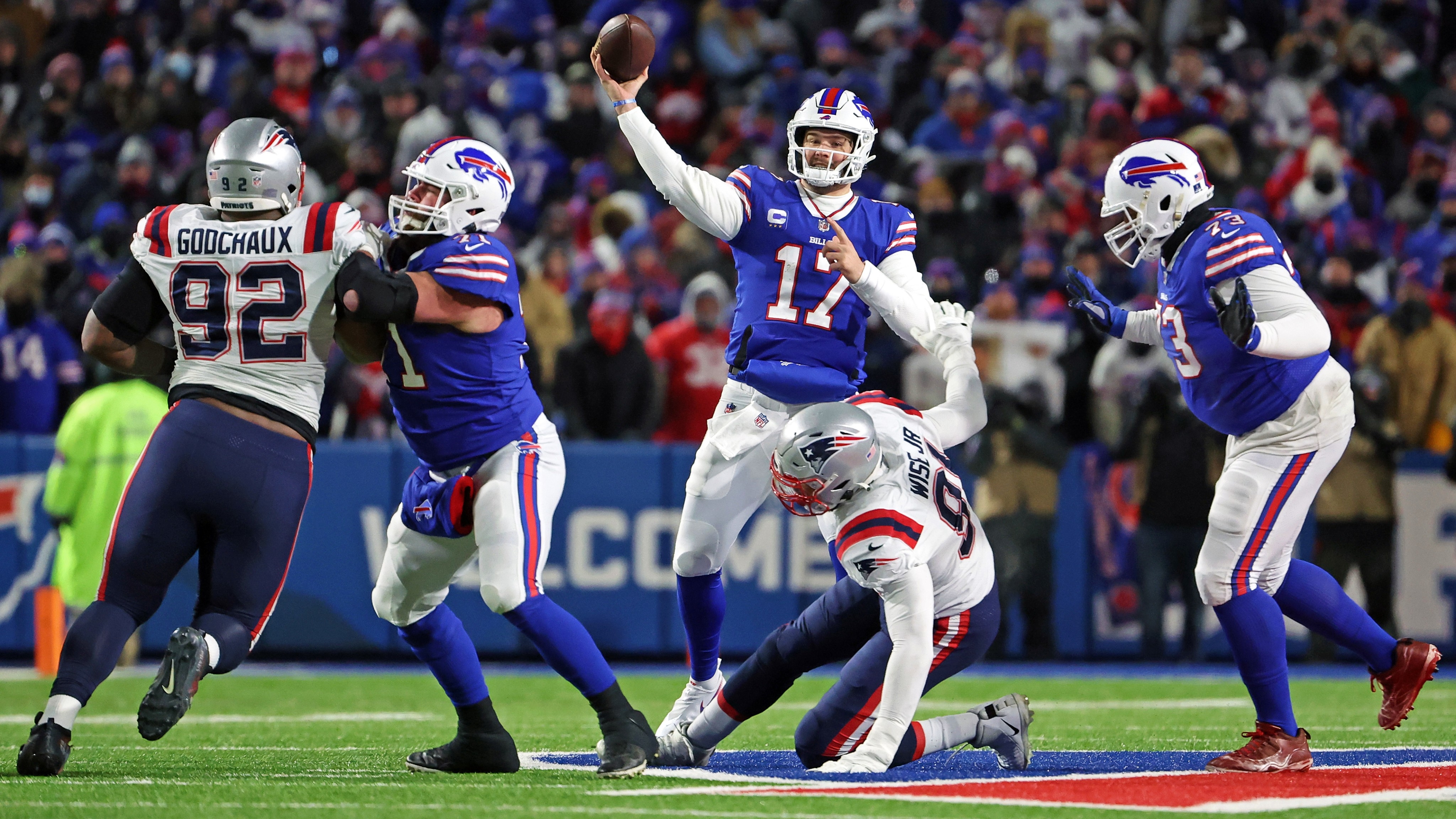 Lancio del quarterback di Buffalo Bills contro i New England Patriots