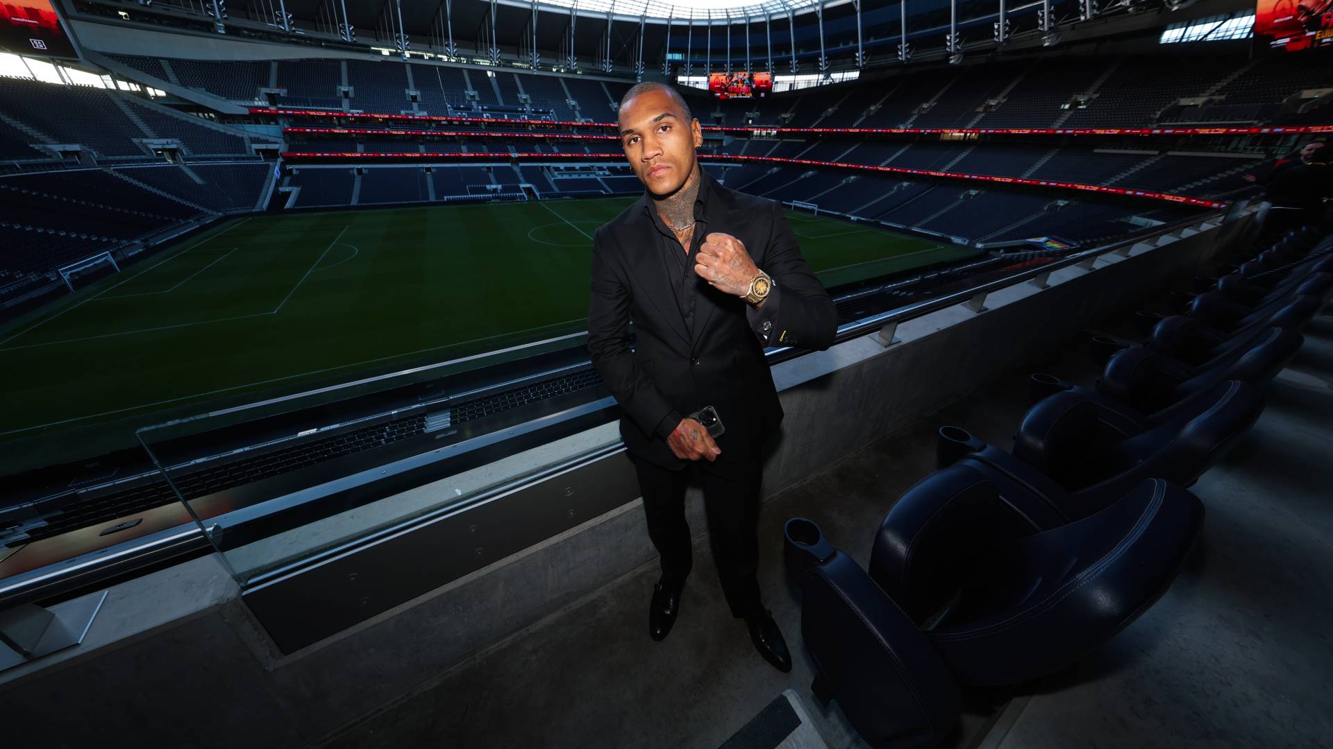 Conor Benn poses at Tottenham Hotspur Stadium