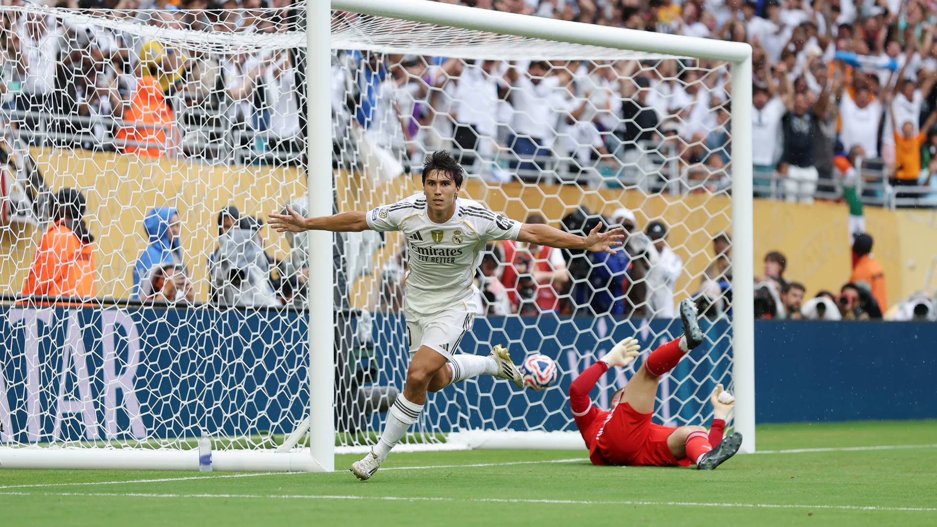 Real Madrid's Gonzalo Garcia scores against Juventus FC