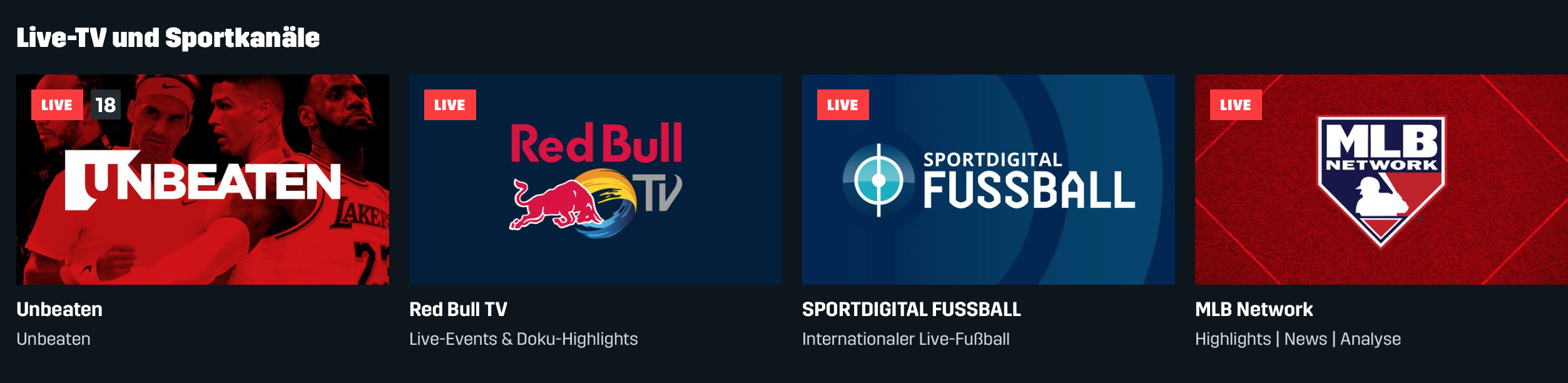 TV-Kanäle DAZN Unbeaten, Red Bull TV, Sportdigital Fußball, MLB Network