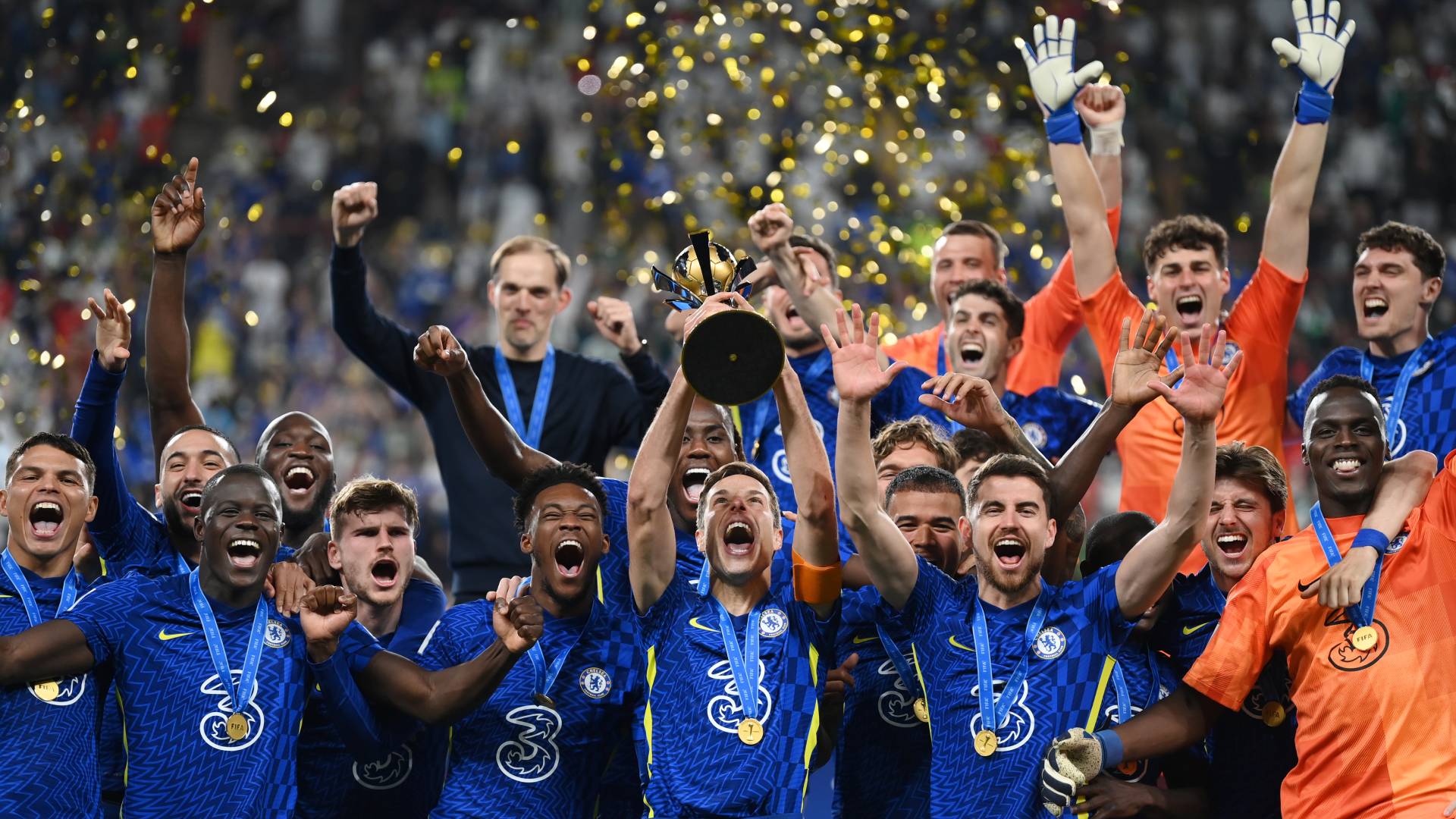 TED ARAB EMIRATES - FEBRUARY 12: Cesar Azpilicueta of Chelsea lifts the trophy after the FIFA Club World Cup UAE 2021 Final match between Chelsea v Palmeiras