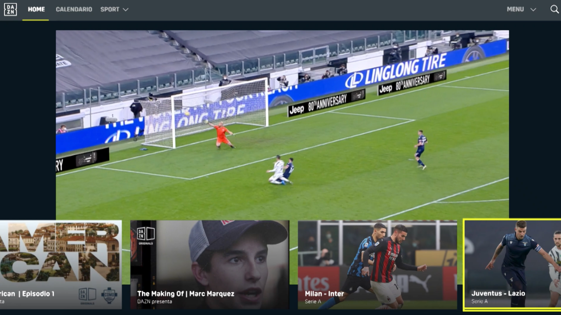 Schermata di selezione delle partite da poter rivedere su DAZN