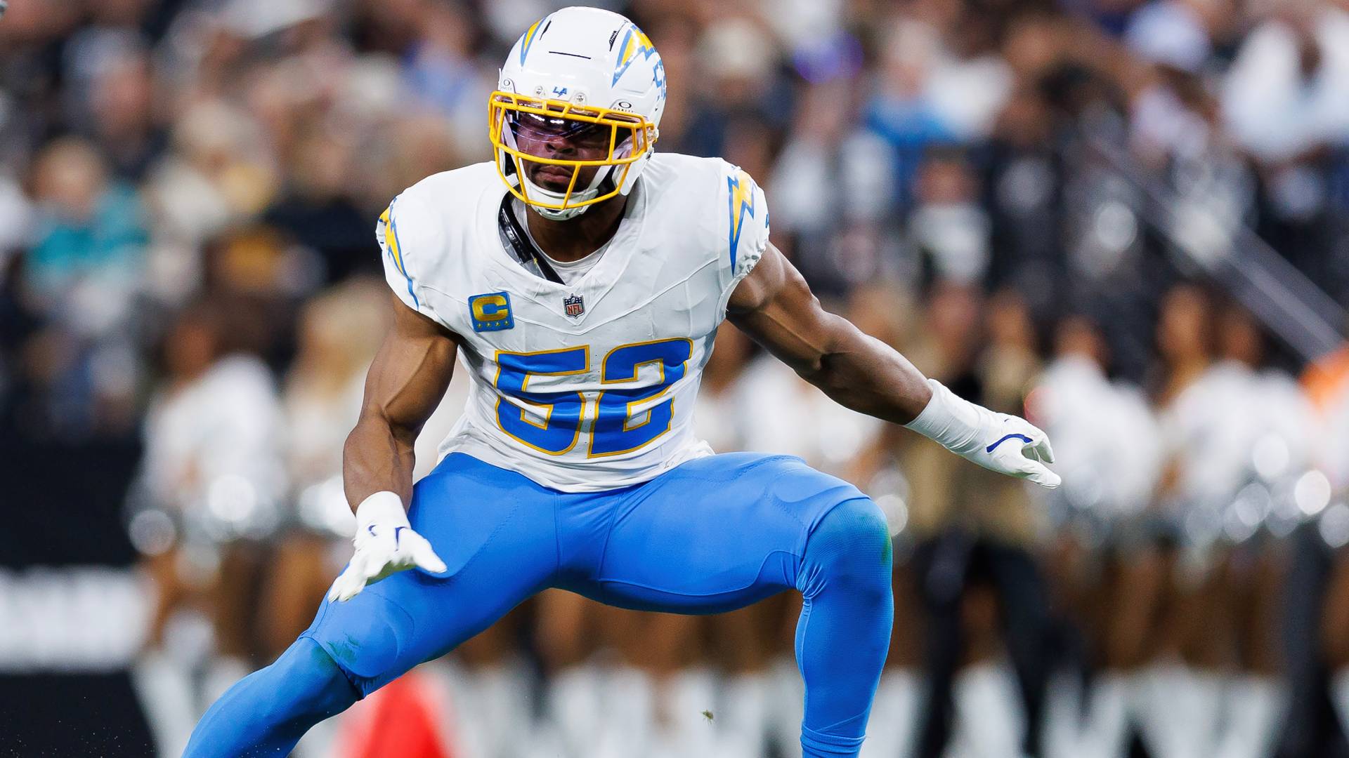 Khalil Mack #52 of the Los Angeles Chargers defends in coverage during an NFL football game against the Las Vegas Raiders