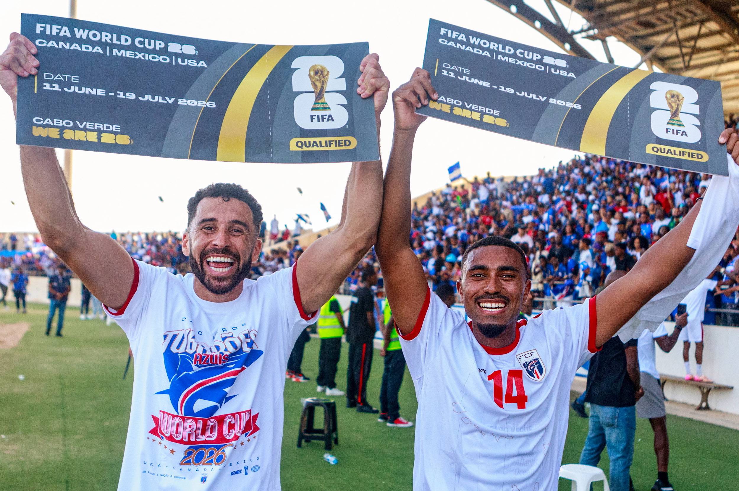 Roberto Lopes, left, and Deroy Duarte of Cape Verde celebrate their side's qualification for the 2026 FIFA World Cup