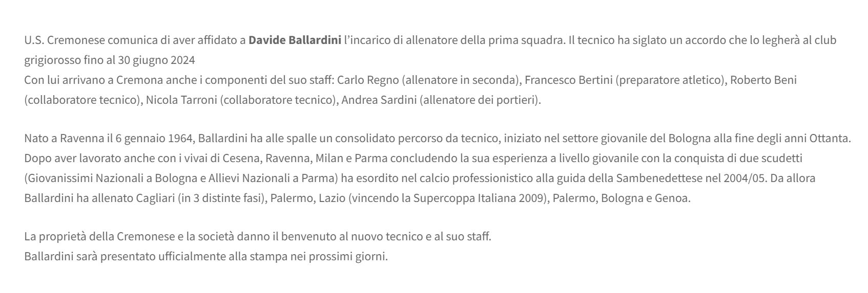 Il comunicato della Cremonese, Ballardini è il nuovo allenatore