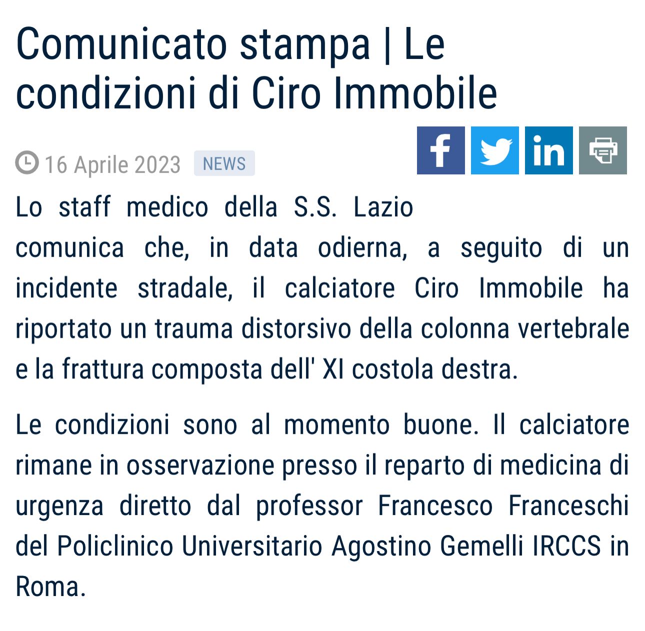 Comunicato della Lazio sulle condizioni di Immobile