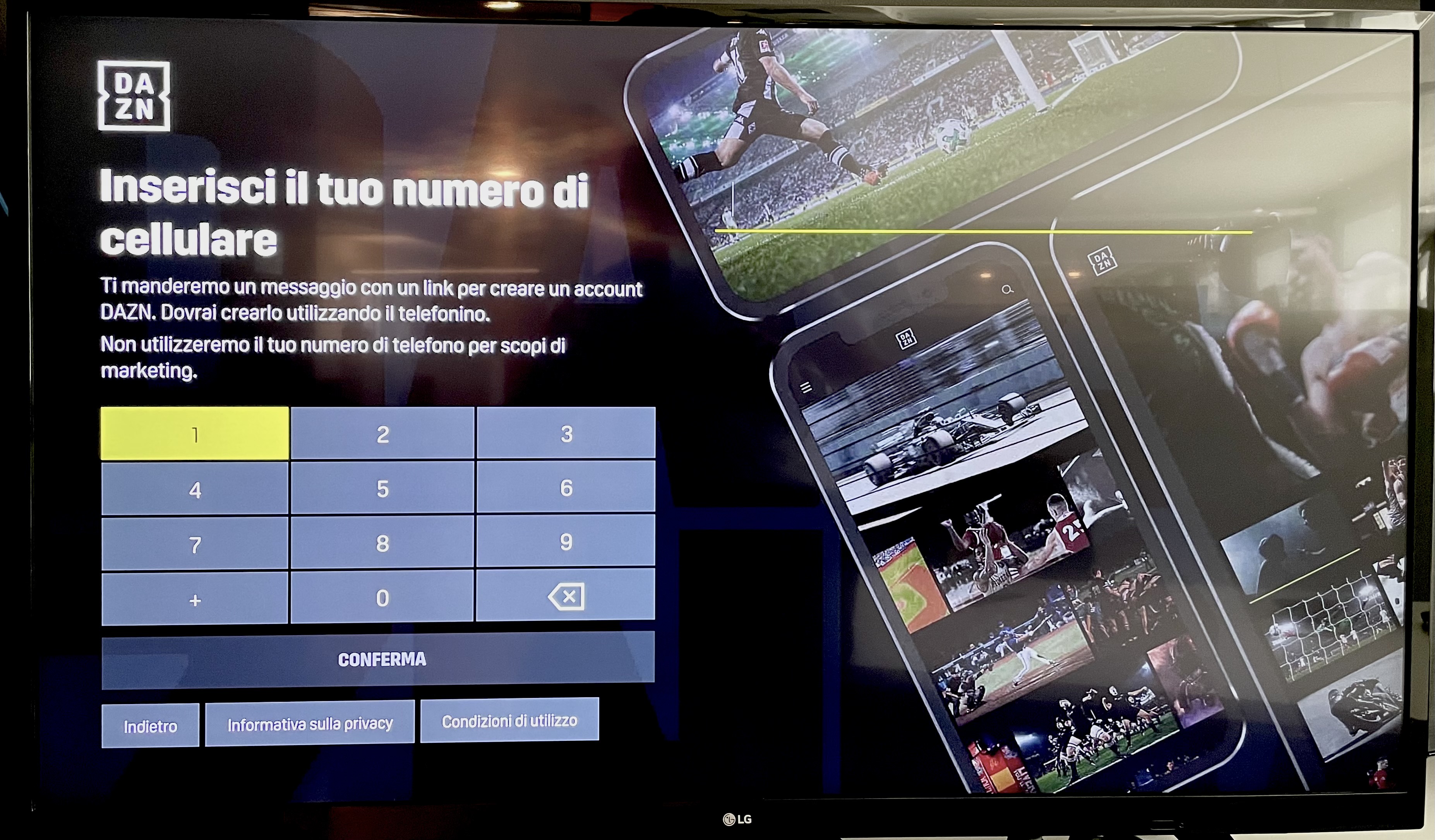 Inserisci il tuo numero di cellulare sull'app DAZN