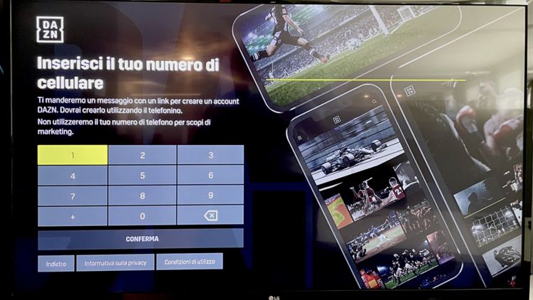 Inserisci il tuo numero di cellulare sull'app DAZN