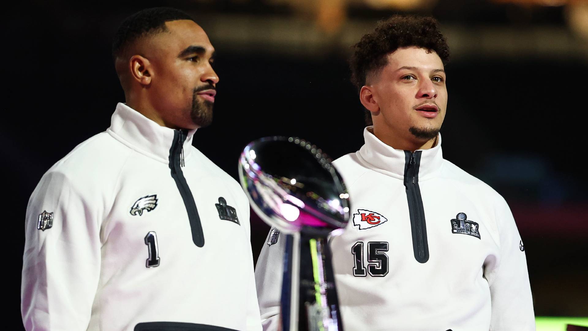 Jalen Hurts #1 of the Philadelphia Eagles and Patrick Mahomes #15 of the Kansas City Chiefs