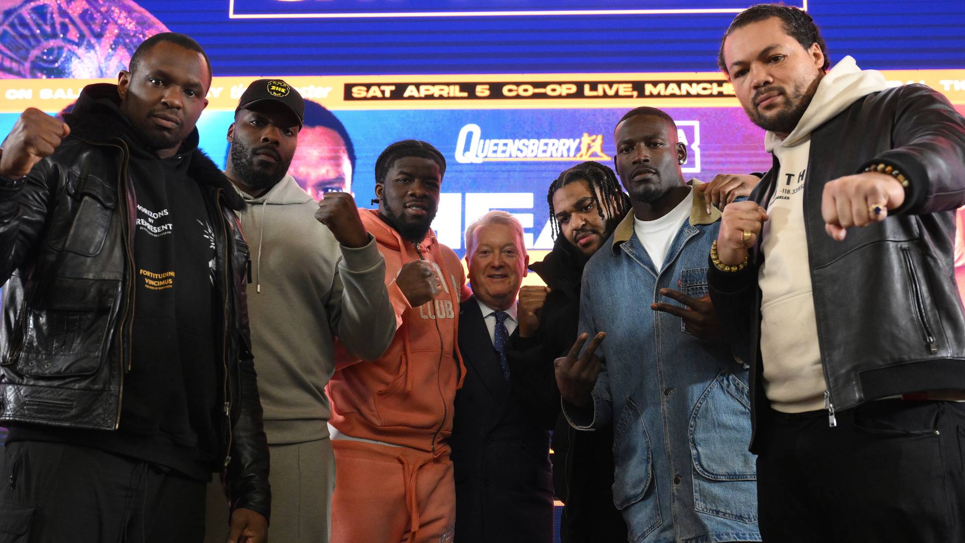 illian Whyte, Lawrence Okolie, David Adeleye, Promoter Frank Warren, Jeamie TKV, Richard Riakporhe and Joe Joyce