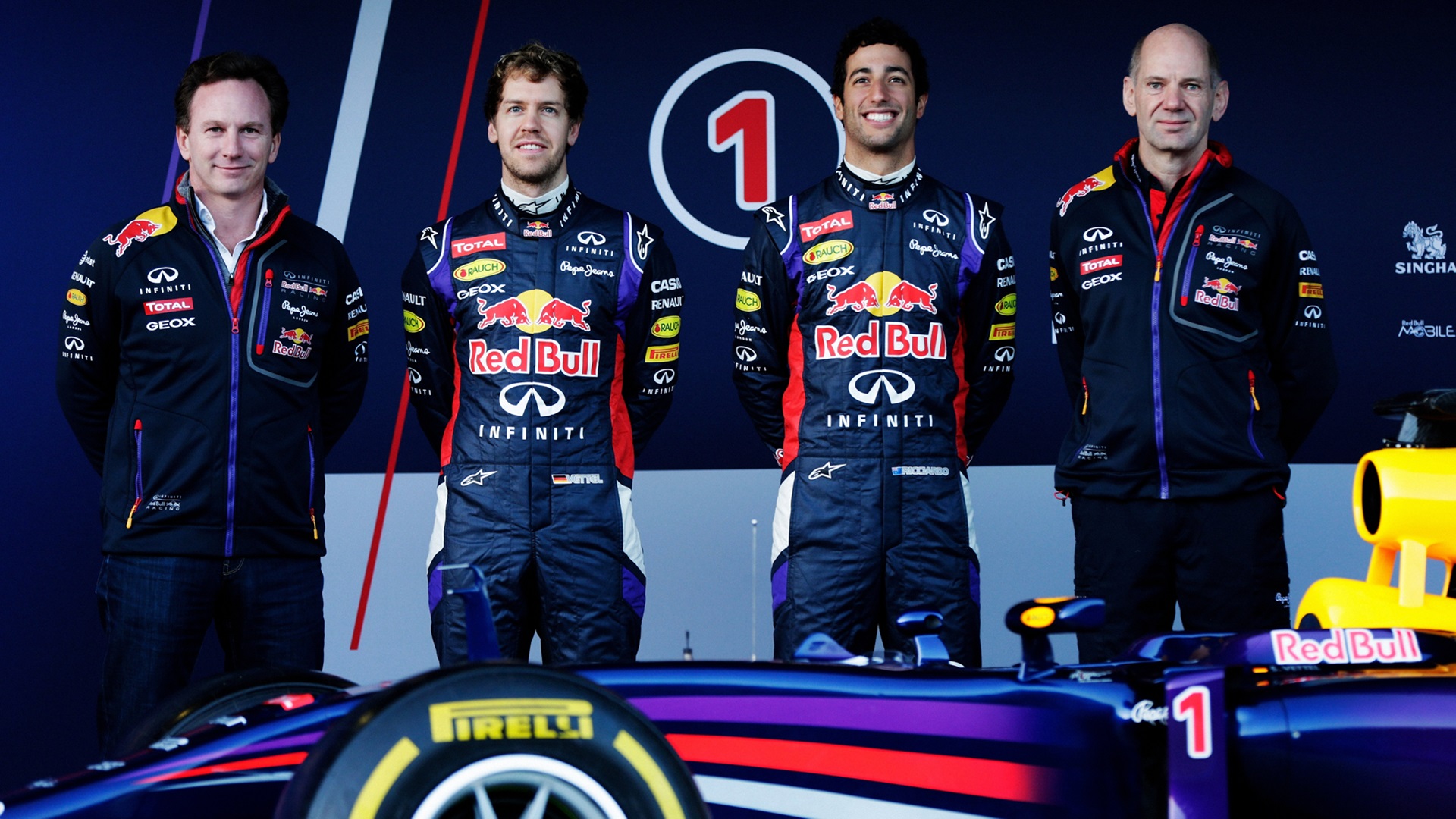 2014-03-01 Horner Vettel Ricciardo Newey Red Bull F1 Formula 1