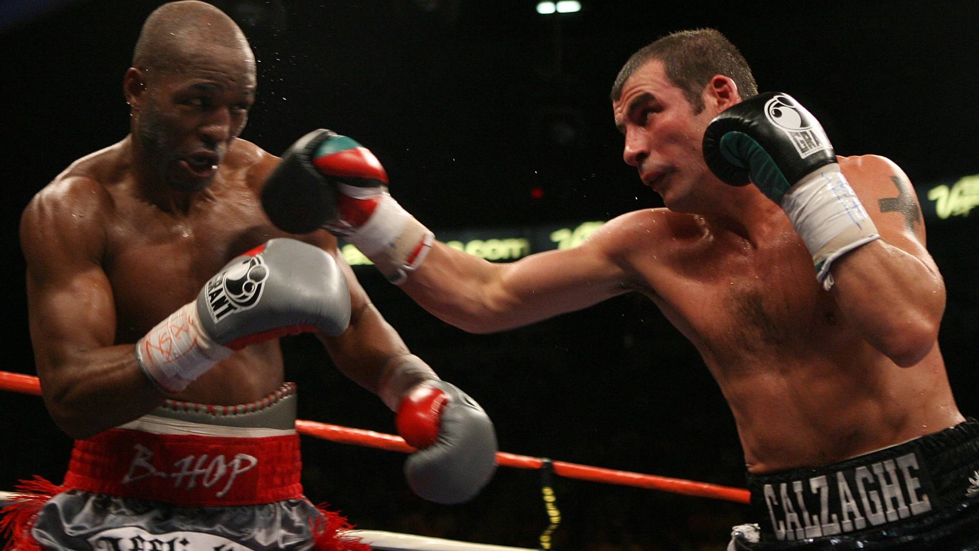 Joe Calzaghe connects with a right to the face of Bernard Hopkins