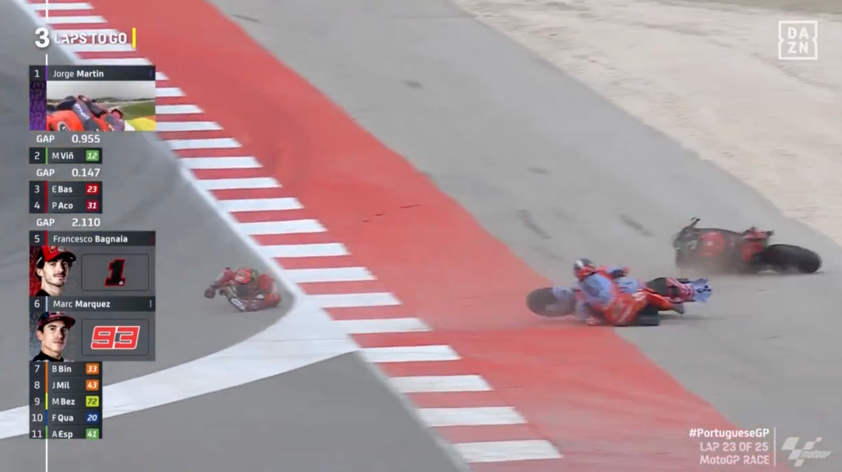 Pecco Bagnaia y Marc Márquez acabaron en el suelo