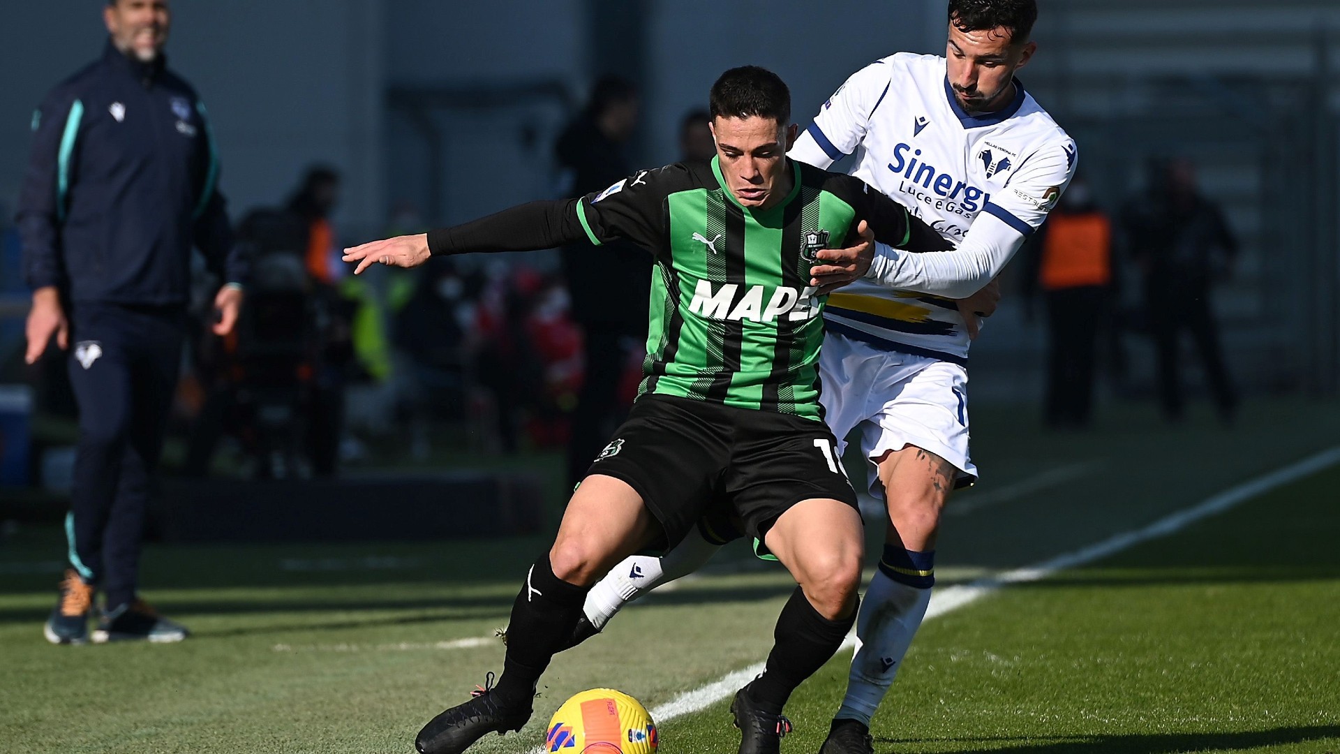 L'attaccante del Sassuolo Giacomo Raspadori in azione contro il Verona