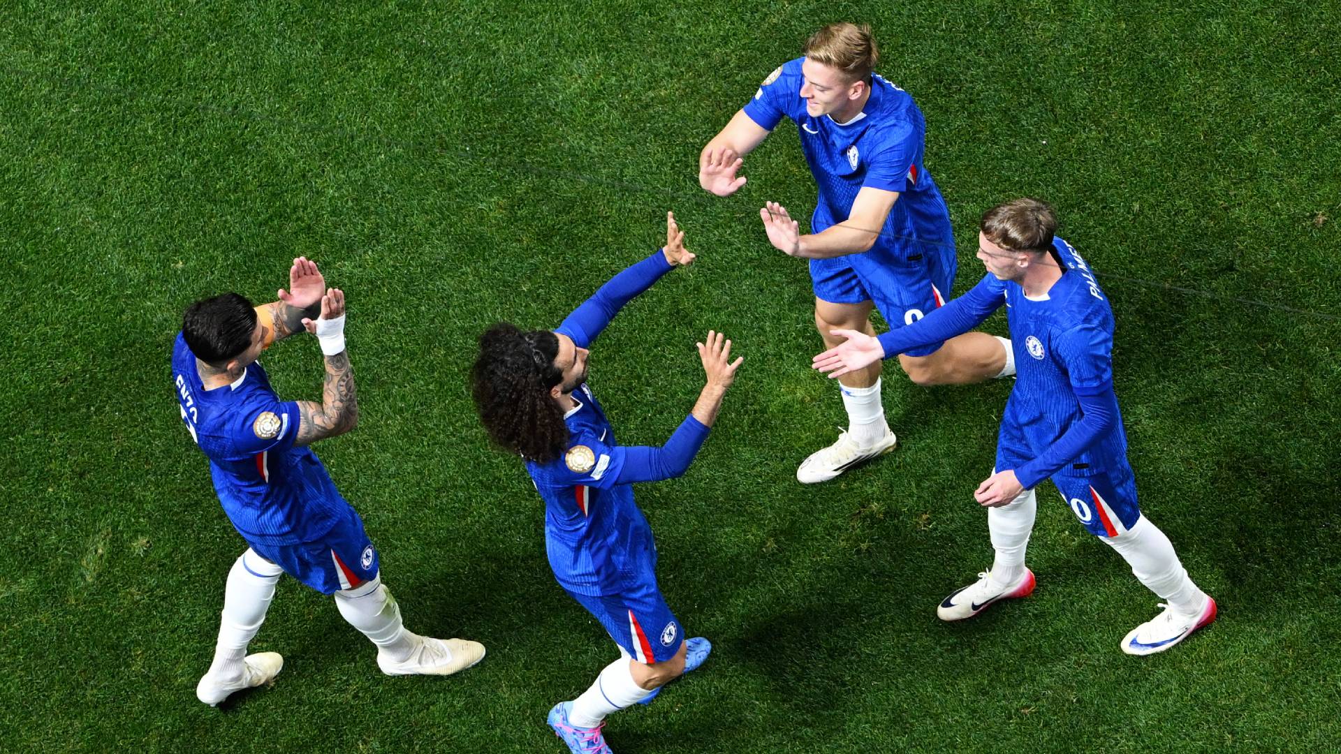 Enzo Fernandez, Marc Cucurella, Cole Palmer and Liam Delap celebrate Chelsea's second goal against LAFC