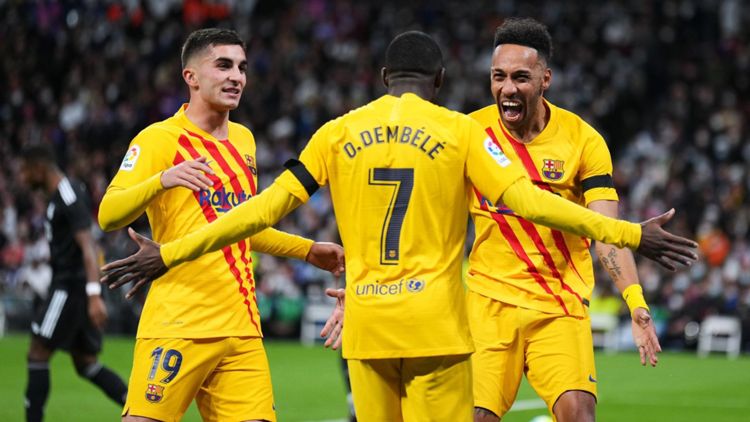 Aubameyang del Barcellona esulta dopo la doppietta nel Clasico contro il Real Madrid