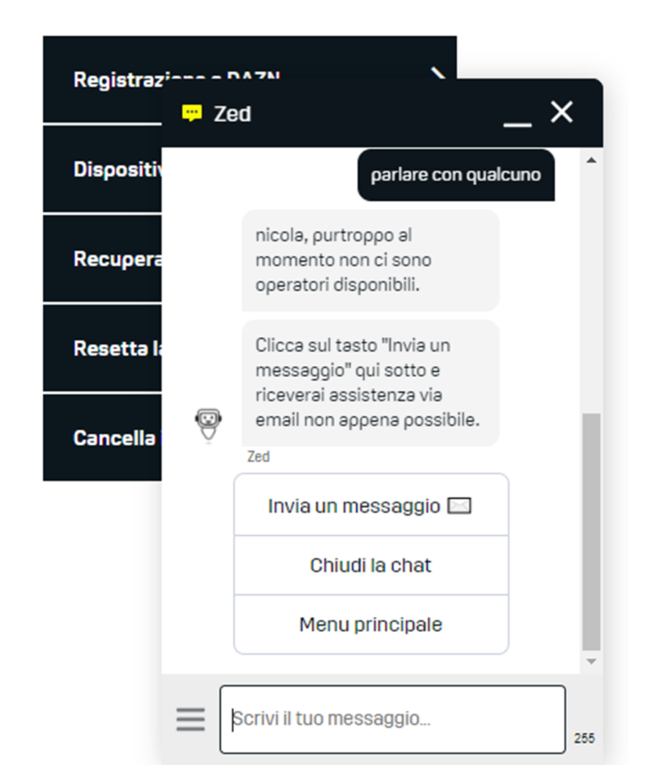 Come parlare in chat con un operatore DAZN